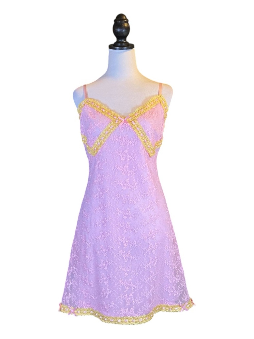 Betsey Johnson NWT Coquette Dollette Pink Gold Floral Lace Bow Slip Mini Dress L - Picture 2 of 9
